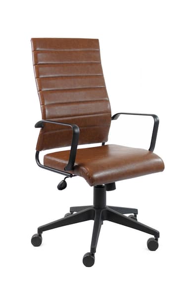 A high-back office chair with brown faux leather upholstery featuring horizontal ribbing, black metal armrests, and a black five-star caster base with an adjustable height mechanism. — 3D model