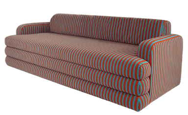 A sofa with a striped upholstery pattern featuring vertical stripes of red and teal. The sofa has a rectangular form with two armrests and a high backrest, and appears to have a layered seat cushion. — 3D model