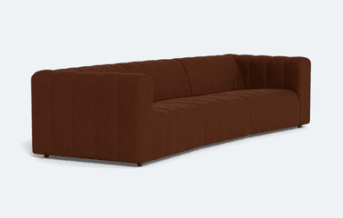 A three-seater sofa upholstered in a textured brown fabric. The sofa features a channel-tufted design on the back cushions and seat, creating vertical pleats across its surface. It has a low-profile frame with subtly rounded corners and short, dark legs. The overall aesthetic is modern and inviting. — 3D model