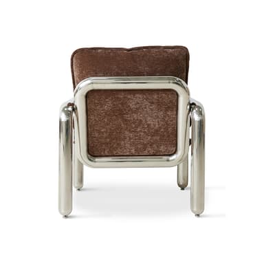 A modern armchair featuring a polished chrome tubular frame with integrated armrests and legs. The seat and back are upholstered with thick, plush cushions covered in a textured brown fabric. The design is minimalist and structural. — 3D model
