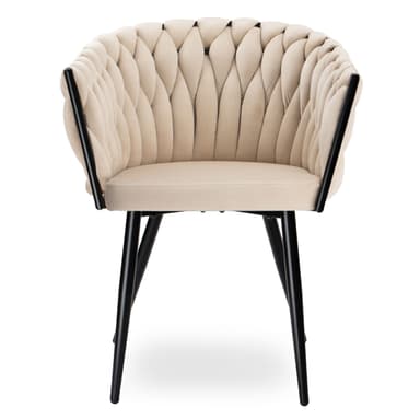 A contemporary armchair featuring a distinctive braided or woven upholstered back and seat in a light beige, velvet-like fabric. The chair is supported by four slim, tapered black metal legs, giving it a modern and elegant silhouette. The backrest curves around to form integrated armrests, and the plush braided design provides both visual texture and apparent comfort. — 3D model