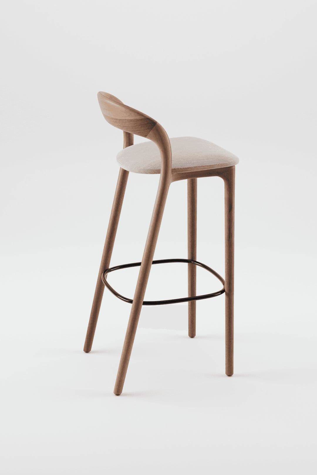 A contemporary bar stool featuring a bentwood frame, upholstered seat, and a metal footrest. The design is sleek and minimalist, emphasizing natural materials and curved forms. — 3D model