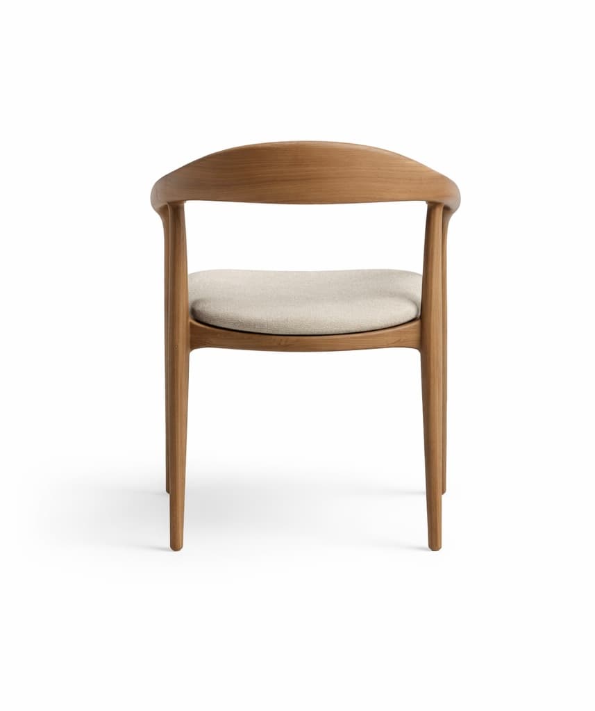 A wooden armchair with a curved backrest and a light-colored upholstered seat. The chair features four tapered legs and armrests integrated into the frame structure. The overall design is minimalist and modern. — 3D model
