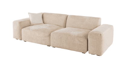 A top-down view of a contemporary two-seater loveseat, upholstered in a light beige, textured fabric. It features two large seat cushions, two rectangular back cushions, and wide, softly padded armrests that are integrated into the frame. A small square throw pillow rests on the left seat. — 3D model