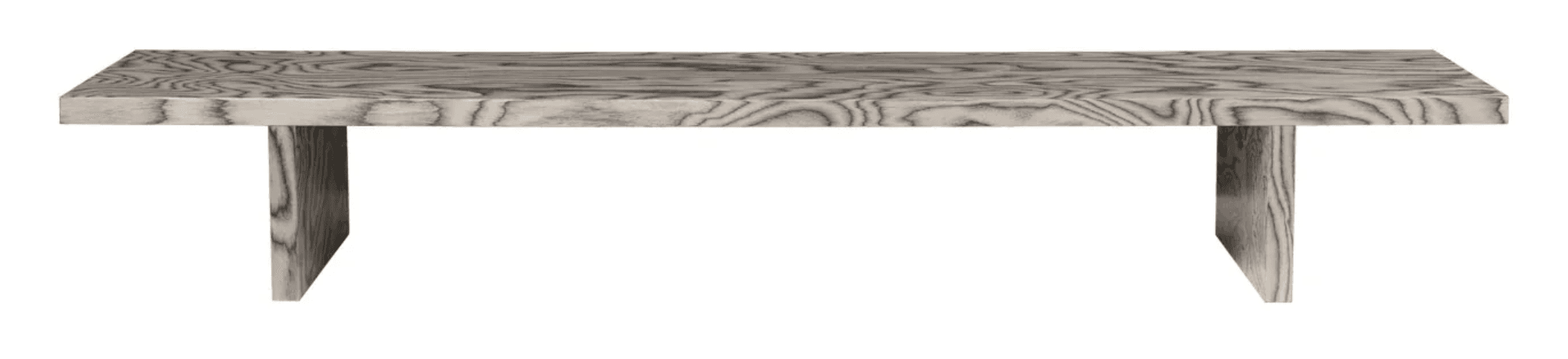 A rectangular coffee table featuring a distinctive grey and black striated wood grain pattern, supported by two solid slab-style legs. The design is minimalist and contemporary. — 3D model