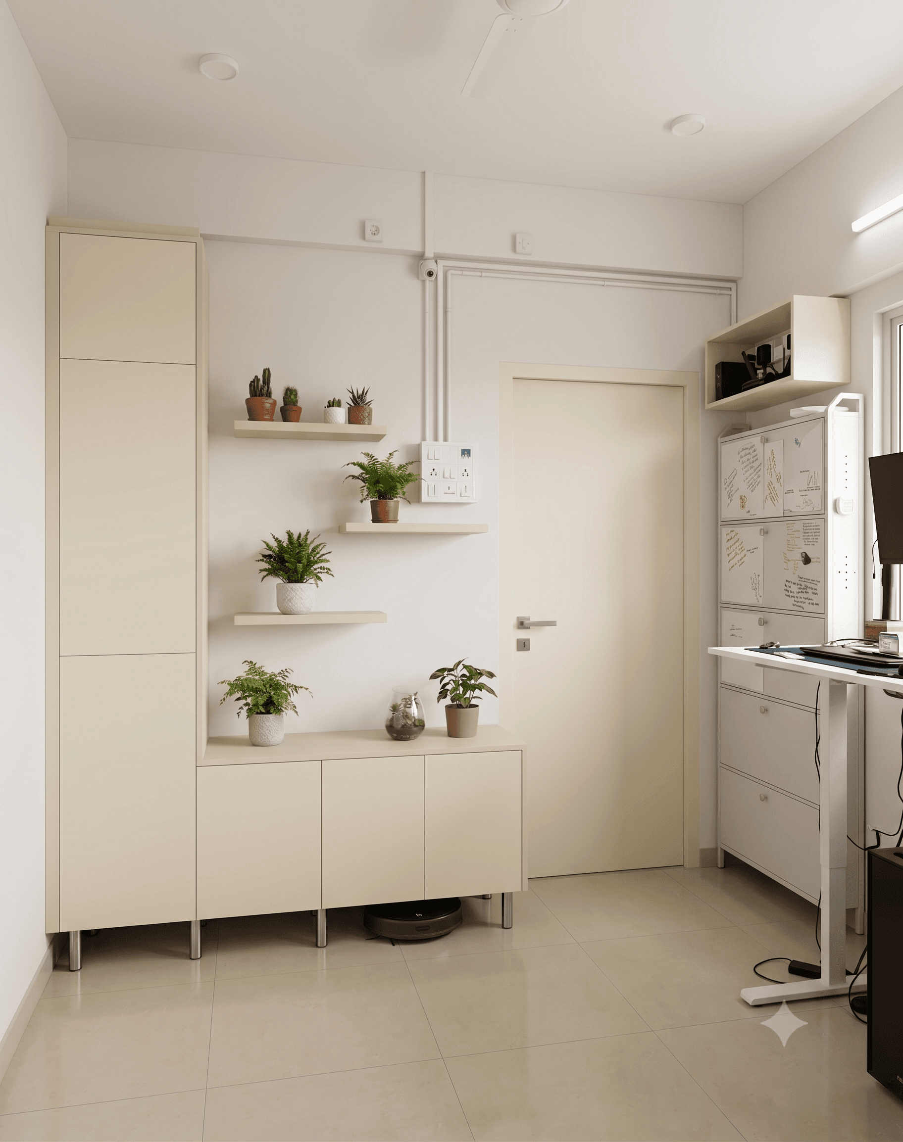 A modern, asymmetrical storage unit featuring a tall cabinet, a lower base cabinet, and integrated floating shelves, all in a neutral beige finish with metallic legs. — 3D model