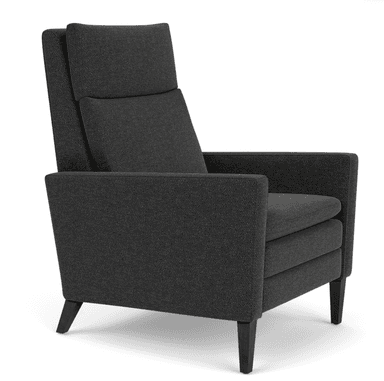 A contemporary high-back lounge chair upholstered in a dark gray, textured fabric. The chair features a tall backrest with a separate lumbar cushion, boxy padded armrests, and a removable seat cushion. It is supported by four dark, tapered wooden legs. — 3D model