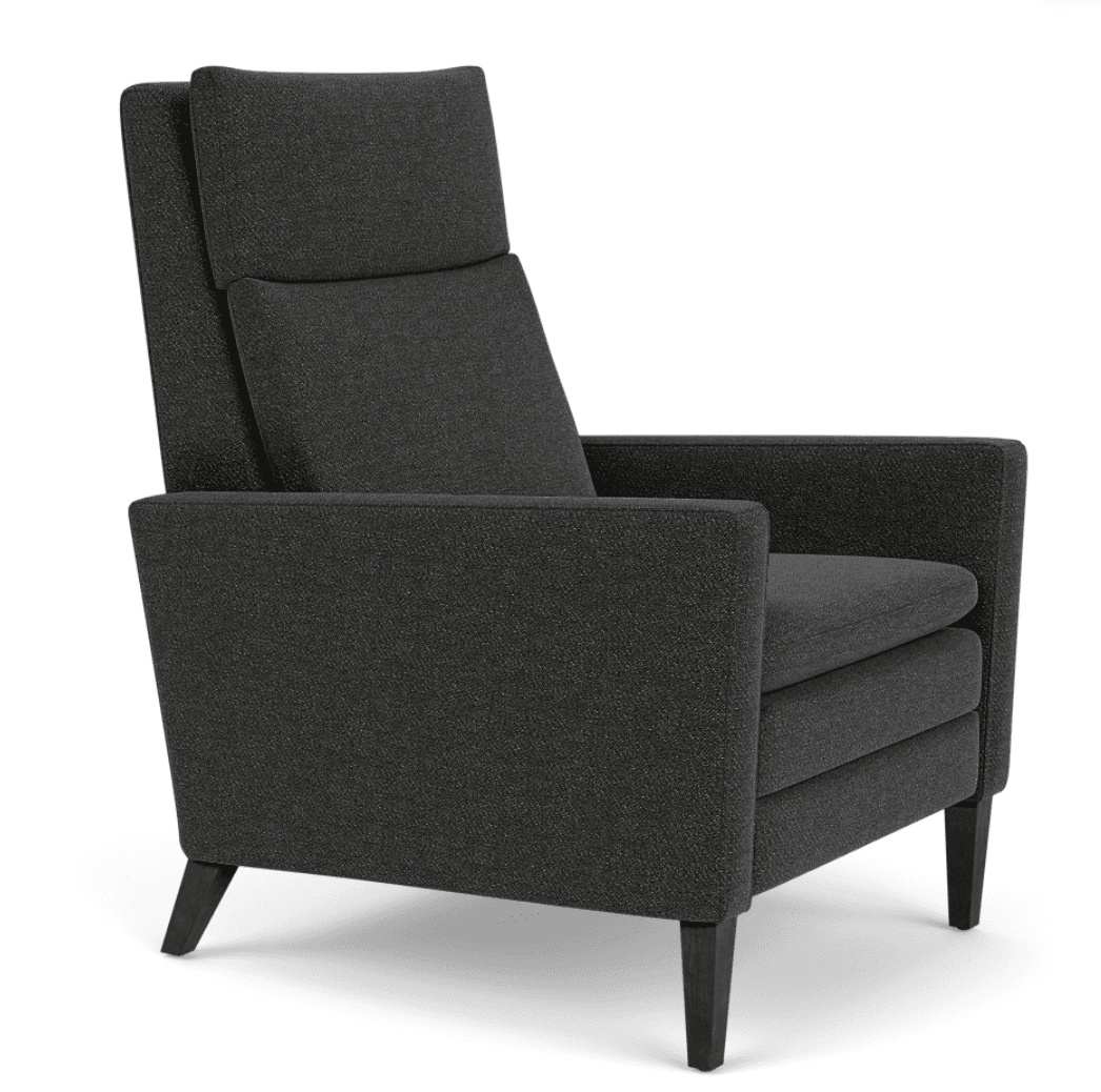 A contemporary high-back lounge chair upholstered in a dark gray, textured fabric. The chair features a tall backrest with a separate lumbar cushion, boxy padded armrests, and a removable seat cushion. It is supported by four dark, tapered wooden legs. — 3D model