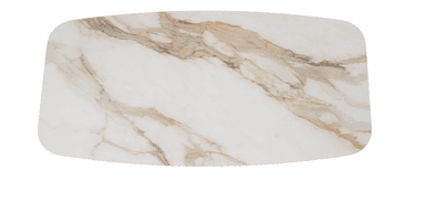 A contemporary dining table featuring a rounded rectangular tabletop with a stone-like pattern and a distinctive base. The base consists of multiple cylindrical columns with a wavy profile, finished in a dark metallic hue. — 3D model