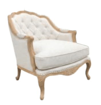 A tufted accent chair with a light-colored upholstery and a distressed wooden frame. The chair features curved cabriole legs and a sinuous armrest profile. The backrest has a diamond tufting pattern. The frame has a natural wood finish and decorative nailhead trim along the base. — 3D model