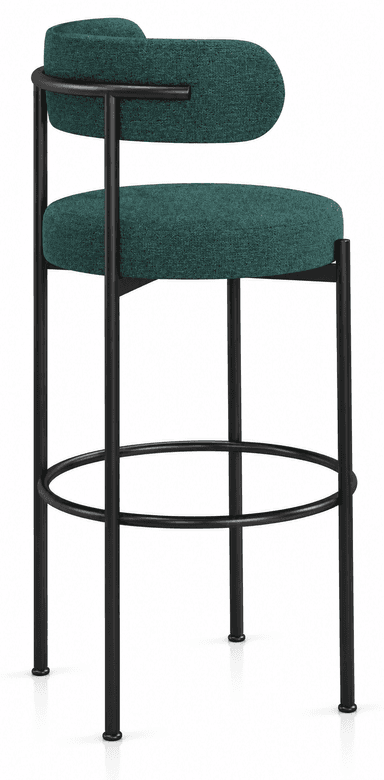 A modern bar stool seen from a top-down perspective, featuring a circular dark green upholstered seat and a distinctive semi-circular padded backrest, supported by a minimalist black metal frame. — 3D model
