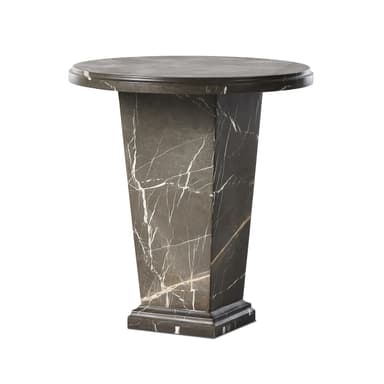 A dark marble pedestal table featuring a round top with a slightly raised edge, supported by a central, tapered pedestal base that rests on a square plinth. The marble exhibits prominent white and light brown veining across its dark grey-brown surface. — 3D model
