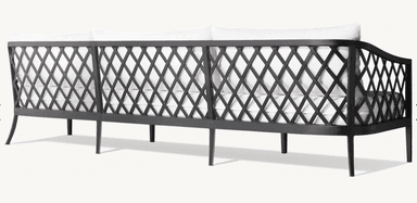 A two-seater sofa with a dark-colored metal frame and white cushions. The frame features an open, geometric lattice design on the armrests and a clean, linear structure for the base and legs. The seat and back are upholstered with plush white cushions. — 3D model