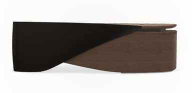 A modern executive desk with a distinctive asymmetrical design. It features a multi-level structure with a wooden top and a three-drawer cabinet on the left side. The supporting structure on the right is a sculptural element with curved panels in black and wood finish. The desk has a contemporary aesthetic with clean lines and a focus on material contrast. — 3D model