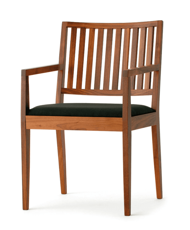 A wooden armchair with a slatted backrest and a cushioned seat. The chair features a modern design with clean lines and a natural wood finish. The frame is constructed from wood, and the seat is upholstered in a dark fabric. — 3D model