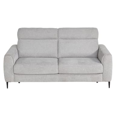 A light grey upholstered three-seater sofa featuring a minimalist contemporary design. It has wide, gently rounded track arms, two loose back cushions, and four slender, tapered black legs. The upholstery is a subtly textured fabric. — 3D model