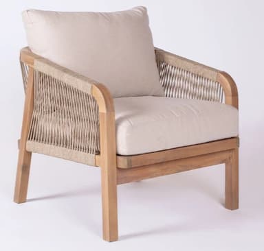 A contemporary lounge chair featuring a light-colored wooden frame with an open weave of natural-toned rope forming the back and sides. It is equipped with a plush, light beige fabric cushion for the backrest, suggesting comfort and a relaxed seating experience. The chair has a clean, minimalist aesthetic with visible structural elements. — 3D model