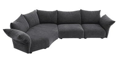A dark gray, upholstered sectional sofa with a curved chaise lounge section on the left and multiple seating modules. The sofa features deep seat cushions and large back cushions, with a rounded armrest on the right side. The upholstery appears to be a textured fabric. — 3D model