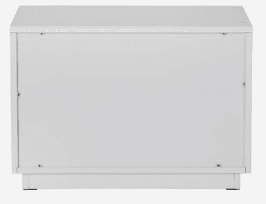A minimalist, rectangular storage chest or cabinet rendered in a solid white finish. It features visible fasteners on the front panel, suggesting a sturdy, possibly modular construction. The unit sits on a recessed plinth base, elevated by small, discreet feet. — 3D model