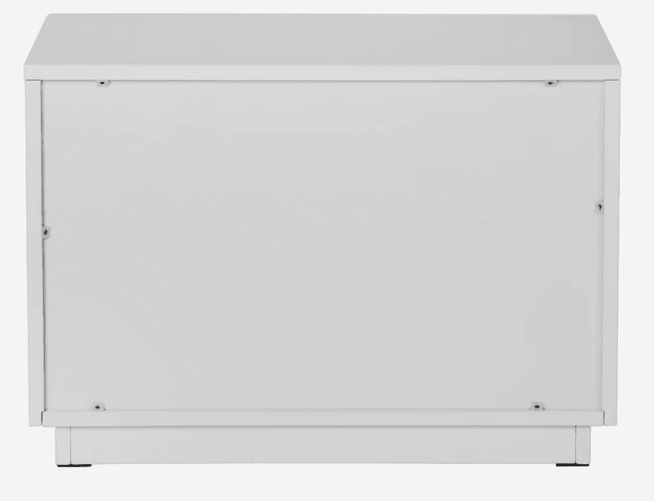 A minimalist, rectangular storage chest or cabinet rendered in a solid white finish. It features visible fasteners on the front panel, suggesting a sturdy, possibly modular construction. The unit sits on a recessed plinth base, elevated by small, discreet feet. — 3D model
