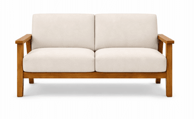 A two-seater sofa with a wooden frame and upholstered cushions. The frame appears to be constructed from natural wood, possibly teak or acacia, with a smooth finish. The seat and backrest are covered in white, upholstered cushions, divided into two sections for seating. The design is simple and modern, suitable for outdoor or indoor use. — 3D model