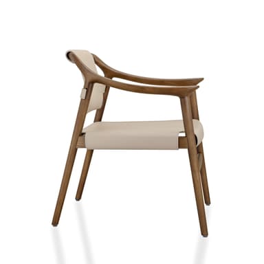 A contemporary armchair featuring a robust wooden frame with curved armrests and slung upholstery. The seat and backrest are constructed from light-colored leather or faux leather straps, securely fastened to the wooden structure with visible brass-toned hardware, creating a distinctive safari-inspired aesthetic. — 3D model