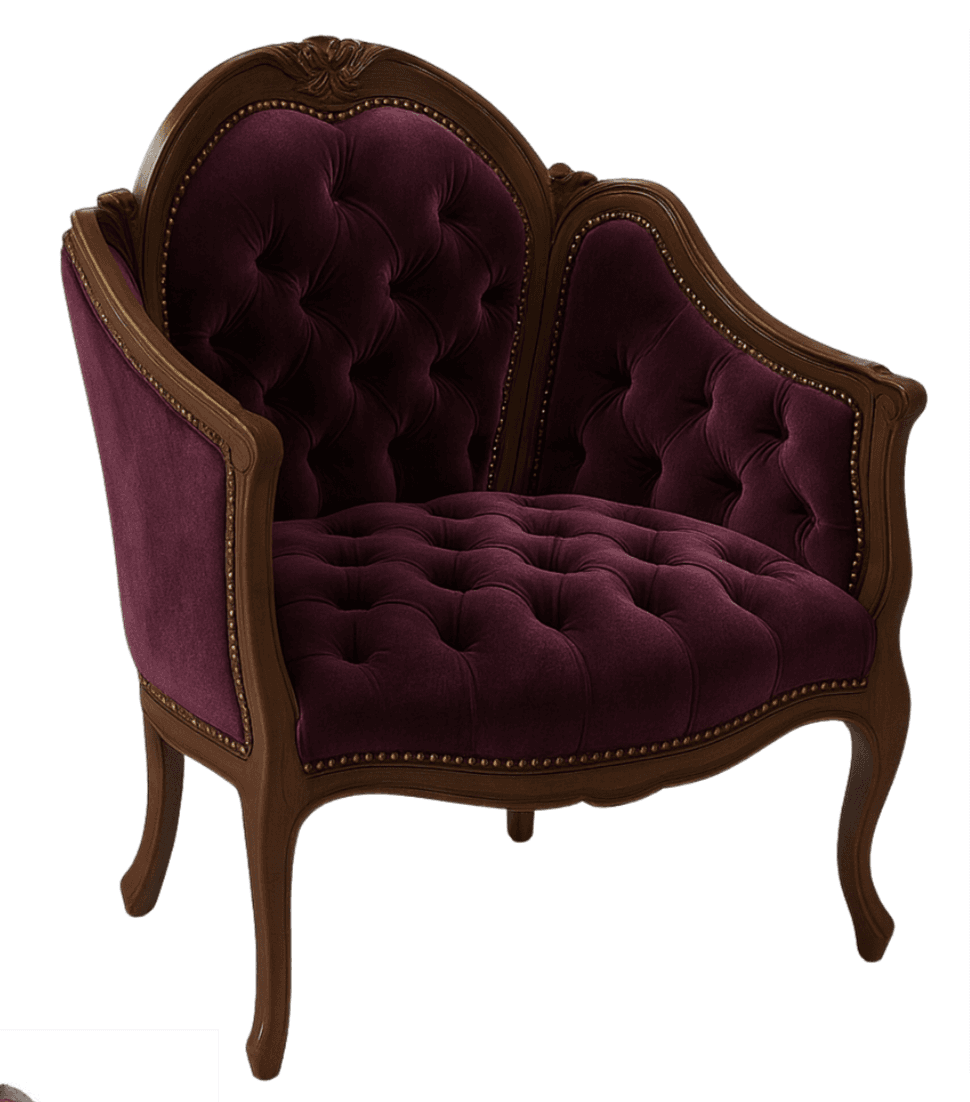 A tufted armchair with a carved wooden frame. The upholstery is a deep purple velvet, and the frame appears to be made of dark wood. Decorative brass tacks are visible along the edges of the upholstery, accentuating the curves of the frame and upholstery. — 3D model