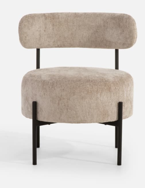 An armless upholstered accent chair featuring a rounded, plush seat and a slightly curved, separated backrest. The upholstery is a textured, light beige fabric, resembling boucle or thick velvet. The chair is supported by four slender, black metal legs that splay slightly outward, providing a minimalist and contemporary aesthetic. — 3D model
