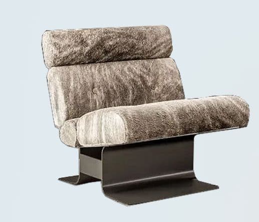 A modern low-slung lounge chair featuring a distinctive, slightly curved dark metal base and thick, rounded cushions upholstered in a textured, patterned fabric resembling hair-on hide. The chair has an armless design with a separate back cushion and seat cushion, both appearing plush and comfortable. — 3D model