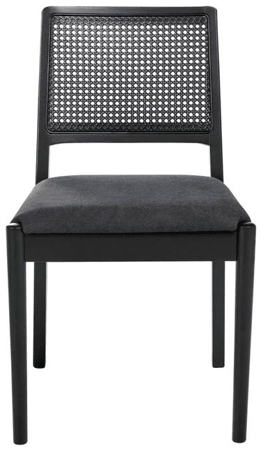 A black side chair with a cane-woven backrest and a upholstered seat. The chair features a rectangular cane back panel set within a black wooden frame. The seat is upholstered in a dark grey fabric. The frame and legs are constructed from black wood, with tapered legs. — 3D model