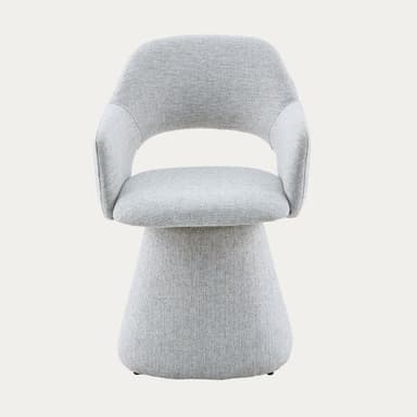 A contemporary light grey upholstered chair featuring a rounded backrest, integrated armrests, and a wide, conical pedestal base, all covered in a textured fabric. — 3D model