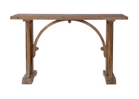 A narrow console table with a rectangular wooden top supported by two robust wooden legs. The legs are connected by an arched wooden support beam that features decorative elements. The overall construction suggests a rustic or traditional aesthetic. — 3D model