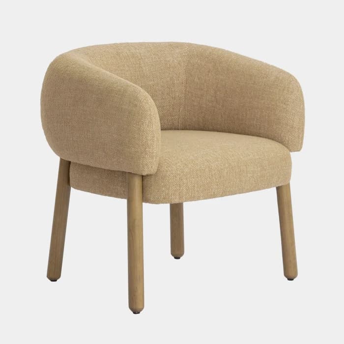 An upholstered barrel-back accent chair featuring a rounded silhouette and sturdy wooden legs, rendered in a neutral beige fabric. — 3D model