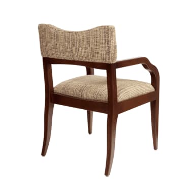An armchair with a wooden frame and upholstered seat and back. The wooden frame has a dark brown finish and features curved armrests and tapered legs. The upholstery is a woven fabric in a neutral color palette with a textured appearance. — 3D model