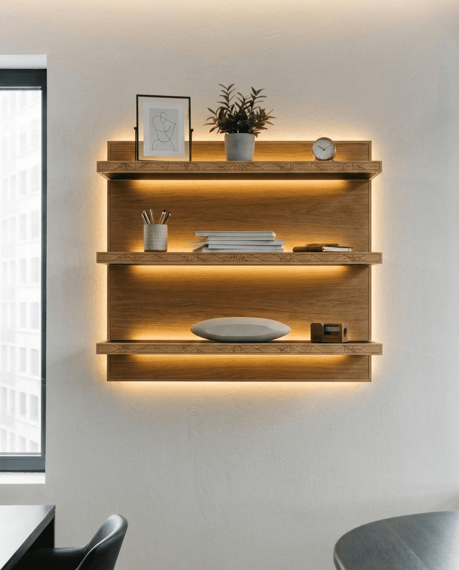 A modern, wall-mounted shelving unit featuring three horizontal wooden shelves. Each shelf has an integrated LED light strip illuminating the surface below it. The unit is constructed from light-toned wood, likely oak, with visible grain patterns. The shelves are supported by a vertical back panel which is also made of wood. The overall design is clean and minimalist, with a focus on functional illumination. — 3D model