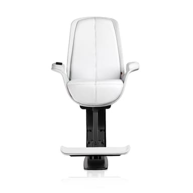 A modern professional barber chair featuring white upholstered seating surfaces, padded armrests, and an integrated footrest, all supported by a robust black pedestal base. — 3D model
