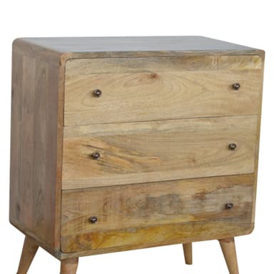 A wooden chest of drawers with a distinctive segmented front panel and four tapered legs. The wood exhibits natural grain patterns and color variations, with some horizontal bands of lighter and darker shades, including a notable pinkish-orange band. The piece has rounded vertical edges. — 3D model