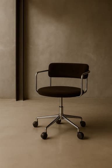 A modern office chair featuring a dark brown upholstered seat and backrest, supported by a tubular chrome-plated metal frame that forms both the armrests and part of the base. The chair has a five-star caster base made of polished chrome, allowing for mobility and a swivel function. Its design is minimalist and functional. — 3D model