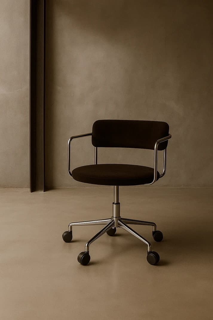 A modern office chair featuring a dark brown upholstered seat and backrest, supported by a tubular chrome-plated metal frame that forms both the armrests and part of the base. The chair has a five-star caster base made of polished chrome, allowing for mobility and a swivel function. Its design is minimalist and functional. — 3D model