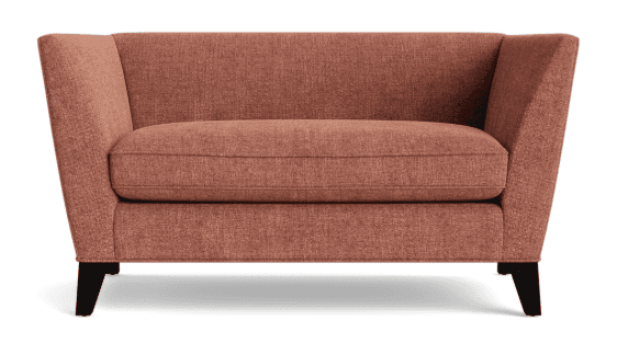 A compact two-seater loveseat upholstered in a textured russet-colored fabric, featuring integrated arms that subtly flare outwards and short, tapered black legs. — 3D model
