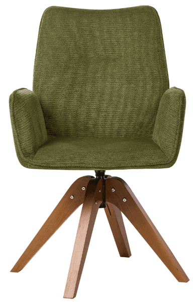 A modern swivel armchair featuring an upholstered olive green fabric seat and backrest with integrated armrests. The chair is supported by a splayed four-leg wooden base with visible metal hardware, allowing the seat to swivel. — 3D model