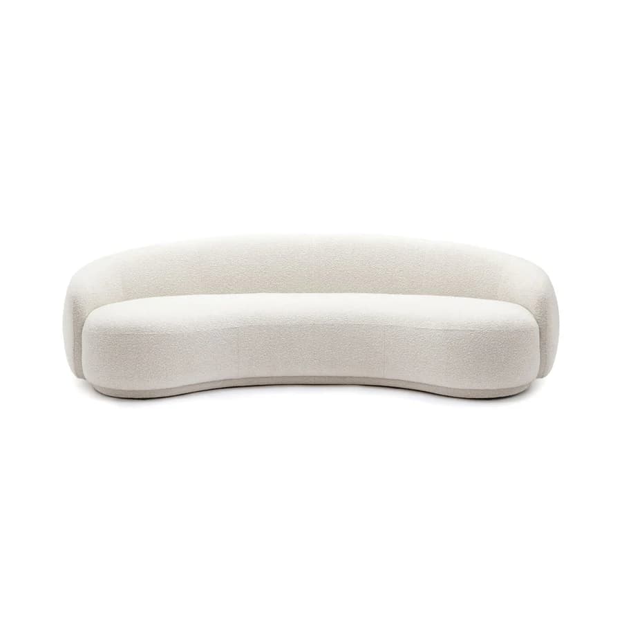 A contemporary curved sofa upholstered in a light-colored bouclé fabric, featuring a continuous, seamless design with soft, rounded edges. — 3D model
