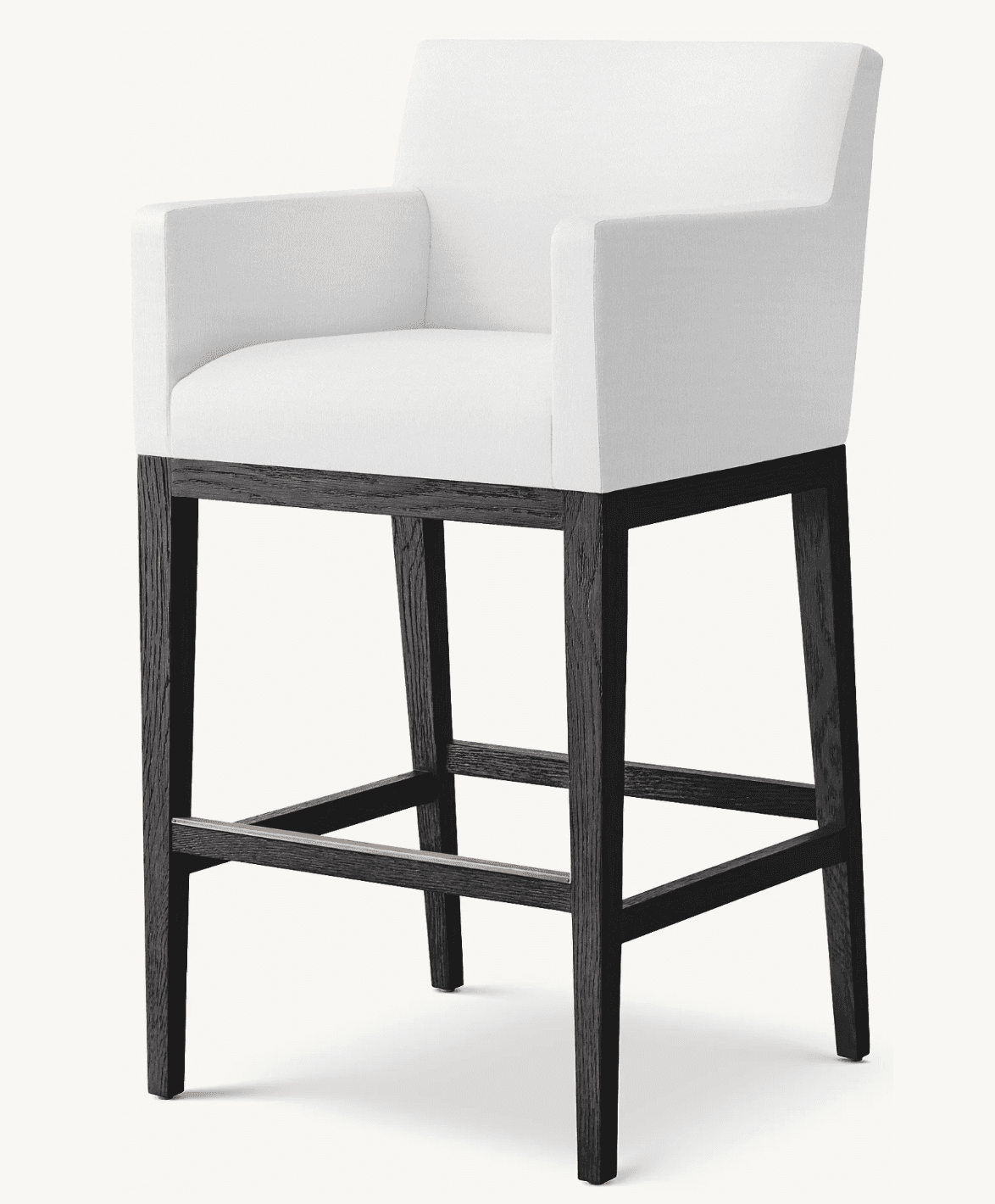 A contemporary bar stool featuring a fully upholstered seat and back with integrated armrests, supported by a dark-stained wooden frame. The frame consists of four tapering legs connected by stretchers for stability. A thin metal footrest band is integrated into the lower front stretcher. The design is minimalist and modern, suitable for a kitchen island or bar area. — 3D model