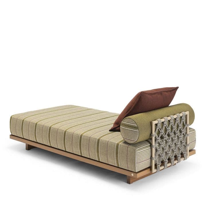 A contemporary daybed featuring a low-profile wooden frame, a thick striped upholstered cushion, a woven rope side detail, a cylindrical bolster cushion, and a separate throw pillow. The primary colors are beige, green, and brown, with light wood accents. — 3D model