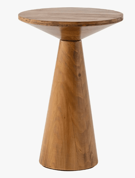 A small, round, light-toned wooden table featuring a circular top and a prominent conical pedestal base. — 3D model