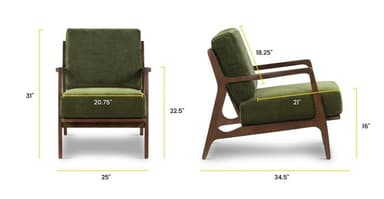An olive green upholstered armchair with an exposed dark wood frame, exhibiting a mid-century modern aesthetic. The chair features clean lines, a slightly angled backrest, and thick, boxy cushions for the seat and back, providing a comfortable lounging experience. The wooden frame is visible around the perimeter of the cushions and forms the armrests and legs. — 3D model