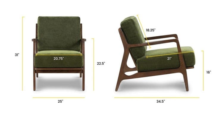 An olive green upholstered armchair with an exposed dark wood frame, exhibiting a mid-century modern aesthetic. The chair features clean lines, a slightly angled backrest, and thick, boxy cushions for the seat and back, providing a comfortable lounging experience. The wooden frame is visible around the perimeter of the cushions and forms the armrests and legs. — 3D model