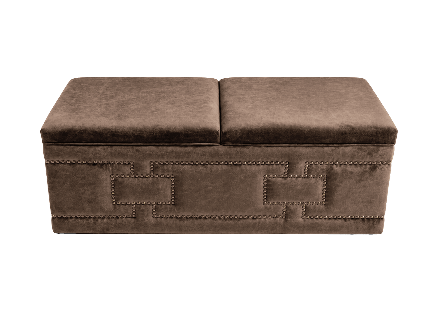A rectangular, upholstered storage bench in a distressed brown faux leather or suede-like fabric. It features a padded top divided into two sections, suggesting internal storage. The sides are adorned with brass-toned nailhead trim arranged in decorative geometric patterns. — 3D model