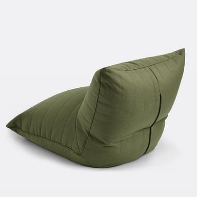 A low-profile, floor-sitting armchair upholstered in a textured olive green fabric. The chair features a segmented design with horizontal stitching across both the seat and backrest, creating a cushioned effect. Its form suggests a relaxed, informal seating option. — 3D model