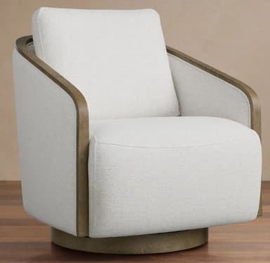 A contemporary swivel armchair featuring light off-white textured upholstery and an exposed, curved light-toned wood frame that outlines the armrests and back. The chair rests on a circular, low-profile swivel base matching the wood frame. — 3D model